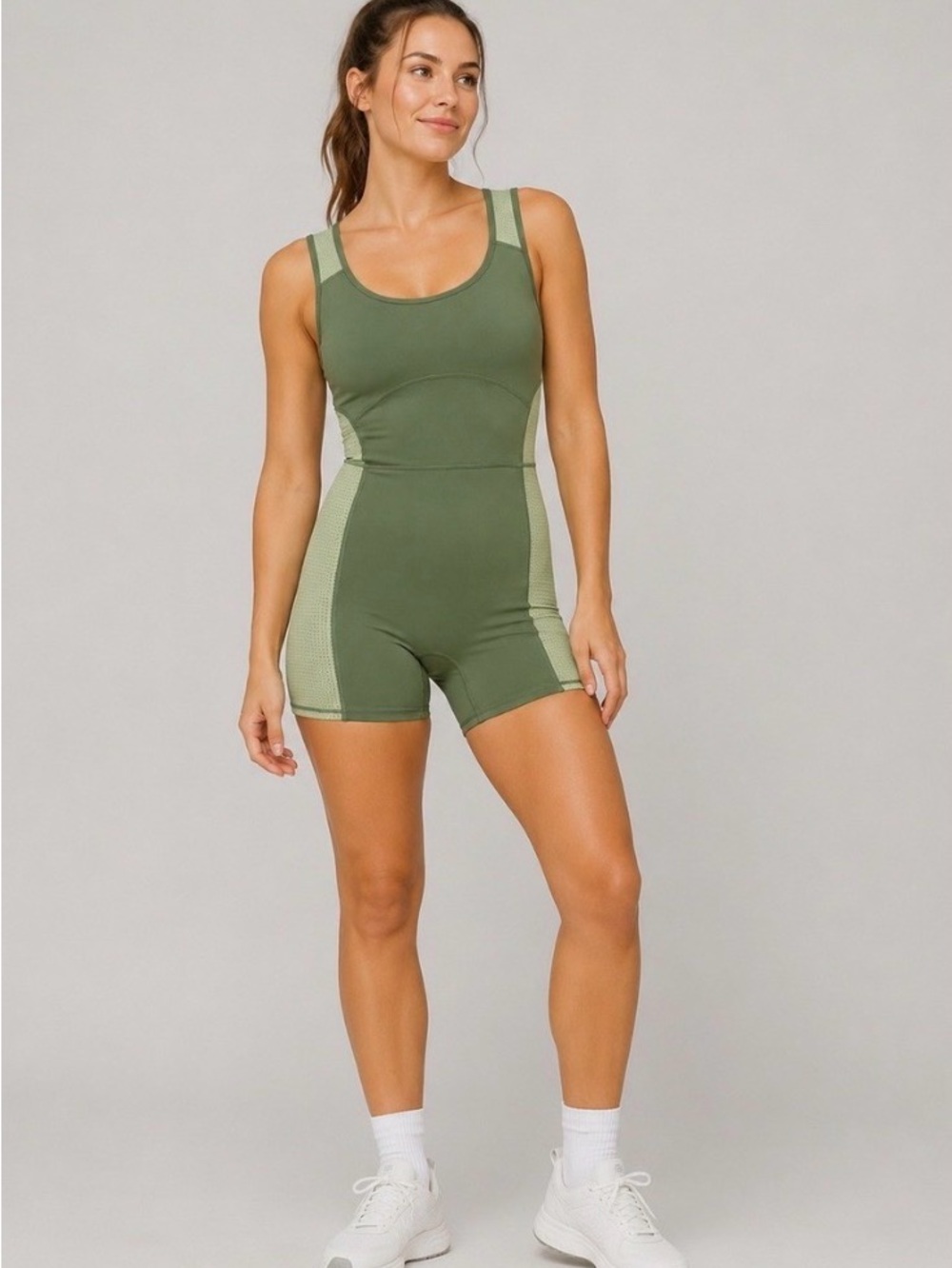 Fabletics Motion 365+ Open Back One Piece Body Suit 7” (XL) Palm Leaf Thyme